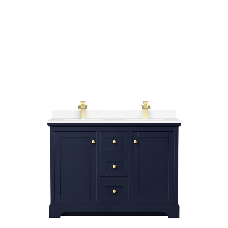 Wyndham Avery 48" Double Bathroom Vanity In Dark Blue White Cultured Marble Countertop Undermount Square Sinks and No Mirror WCV232348DBLWCUNSMXX