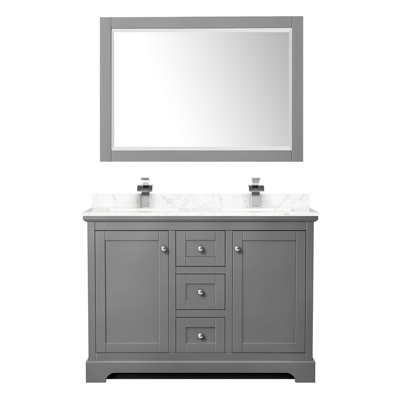 Wyndham Avery 48" Double Bathroom Vanity In Dark Gray Dark-Vein Carrara Cultured Marble Countertop Undermount Square Sinks and 46" Mirror WCV232348DKGC1UNSM46