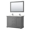 Wyndham Avery 48" Double Bathroom Vanity In Dark Gray Dark-Vein Carrara Cultured Marble Countertop Undermount Square Sinks And 46" Mirror WCV232348DKGC1UNSM46