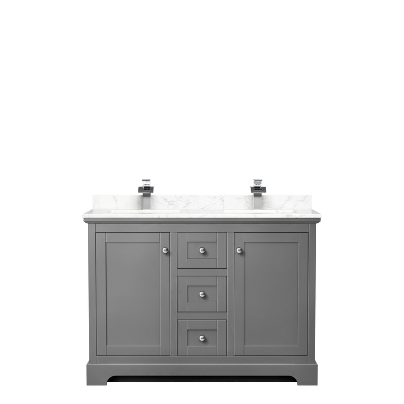 Wyndham Avery 48" Double Bathroom Vanity In Dark Gray Dark-Vein Carrara Cultured Marble Countertop Undermount Square Sinks and No Mirror WCV232348DKGC1UNSMXX