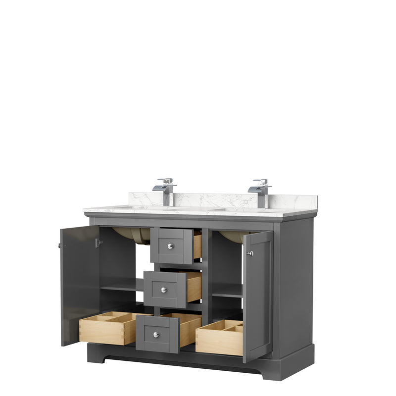 Wyndham Avery 48" Double Bathroom Vanity In Dark Gray Dark-Vein Carrara Cultured Marble Countertop Undermount Square Sinks and No Mirror WCV232348DKGC1UNSMXX