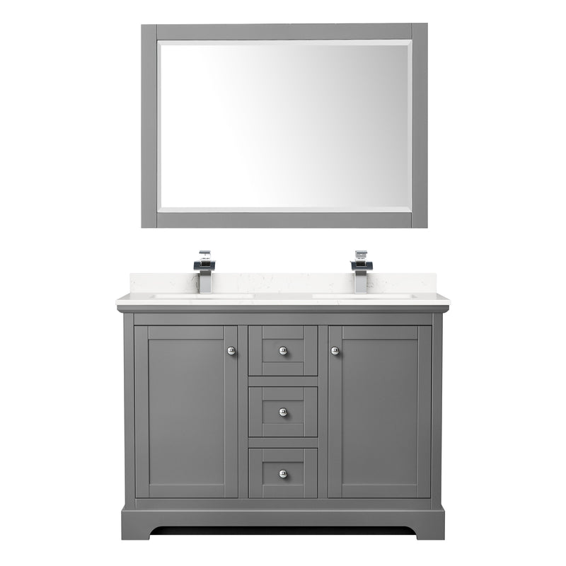 Wyndham Avery 48" Double Bathroom Vanity In Dark Gray Light-Vein Carrara Cultured Marble Countertop Undermount Square Sinks and 46" Mirror WCV232348DKGC2UNSM46