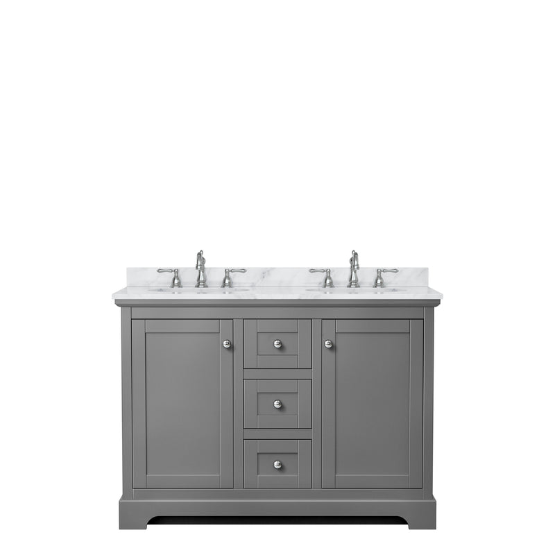 Wyndham Avery 48" Double Bathroom Vanity In Dark Gray White Carrara Marble Countertop Undermount Oval Sinks and No Mirror WCV232348DKGCMUNOMXX