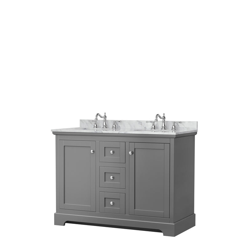 Wyndham Avery 48" Double Bathroom Vanity In Dark Gray White Carrara Marble Countertop Undermount Oval Sinks And No Mirror WCV232348DKGCMUNOMXX