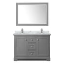 Wyndham Avery 48" Double Bathroom Vanity In Dark Gray White Carrara Marble Countertop Undermount Square Sinks and 46" Mirror WCV232348DKGCMUNSM46