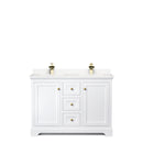 Wyndham Avery 48" Double Bathroom Vanity In White Light-Vein Carrara Cultured Marble Countertop Undermount Square Sinks Brushed Gold Trims and No Mirror WCV232348DWGC2UNSMXX