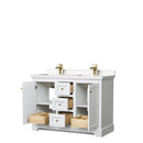 Wyndham Avery 48" Double Bathroom Vanity In White Light-Vein Carrara Cultured Marble Countertop Undermount Square Sinks Brushed Gold Trims and No Mirror WCV232348DWGC2UNSMXX