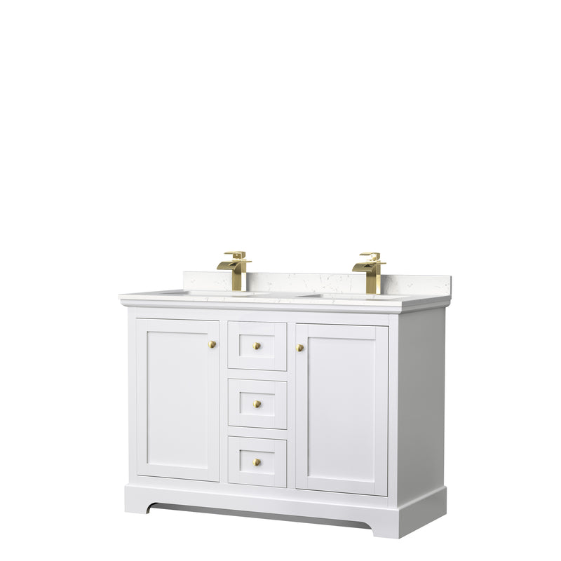 Wyndham Avery 48" Double Bathroom Vanity In White Light-Vein Carrara Cultured Marble Countertop Undermount Square Sinks Brushed Gold Trims And No Mirror WCV232348DWGC2UNSMXX