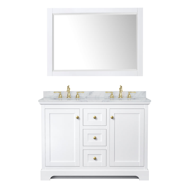 Wyndham Avery 48" Double Bathroom Vanity In White White Carrara Marble Countertop Undermount Oval Sinks Brushed Gold Trims and 46" Mirror WCV232348DWGCMUNOM46