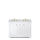 Wyndham Avery 48" Double Bathroom Vanity In White White Carrara Marble Countertop Undermount Oval Sinks Brushed Gold Trims and No Mirror WCV232348DWGCMUNOMXX