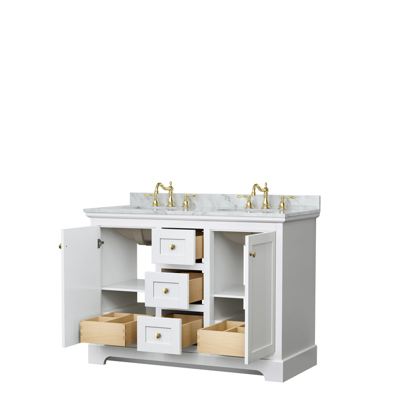 Wyndham Avery 48" Double Bathroom Vanity In White White Carrara Marble Countertop Undermount Oval Sinks Brushed Gold Trims and No Mirror WCV232348DWGCMUNOMXX