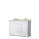 Wyndham Avery 48" Double Bathroom Vanity In White White Carrara Marble Countertop Undermount Oval Sinks Brushed Gold Trims And No Mirror WCV232348DWGCMUNOMXX