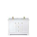 Wyndham Avery 48" Double Bathroom Vanity In White White Carrara Marble Countertop Undermount Square Sinks Brushed Gold Trims and No Mirror WCV232348DWGCMUNSMXX