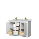 Wyndham Avery 48" Double Bathroom Vanity In White White Carrara Marble Countertop Undermount Square Sinks Brushed Gold Trims and No Mirror WCV232348DWGCMUNSMXX