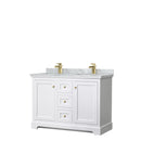 Wyndham Avery 48" Double Bathroom Vanity In White White Carrara Marble Countertop Undermount Square Sinks Brushed Gold Trims And No Mirror WCV232348DWGCMUNSMXX