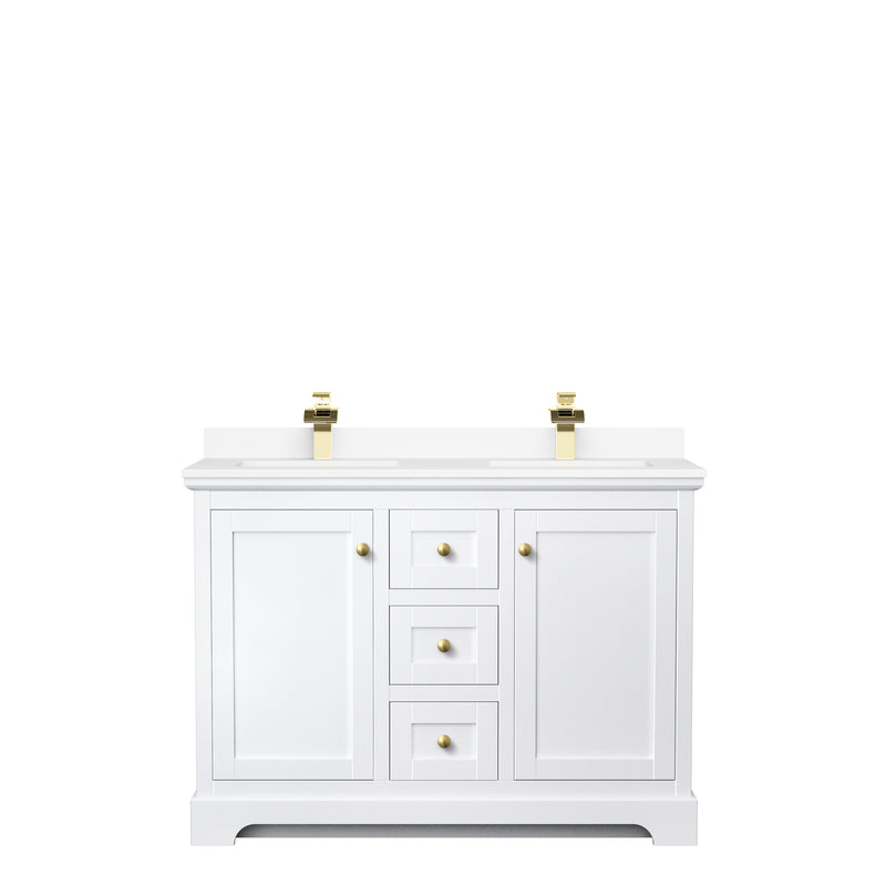 Wyndham Avery 48" Double Bathroom Vanity In White White Cultured Marble Countertop Undermount Square Sinks Brushed Gold Trims and No Mirror WCV232348DWGWCUNSMXX