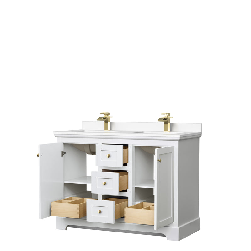 Wyndham Avery 48" Double Bathroom Vanity In White White Cultured Marble Countertop Undermount Square Sinks Brushed Gold Trims and No Mirror WCV232348DWGWCUNSMXX