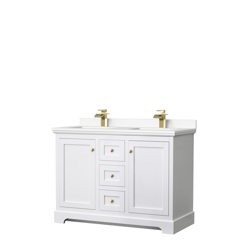 Wyndham Avery 48" Double Bathroom Vanity In White White Cultured Marble Countertop Undermount Square Sinks Brushed Gold Trims And No Mirror WCV232348DWGWCUNSMXX