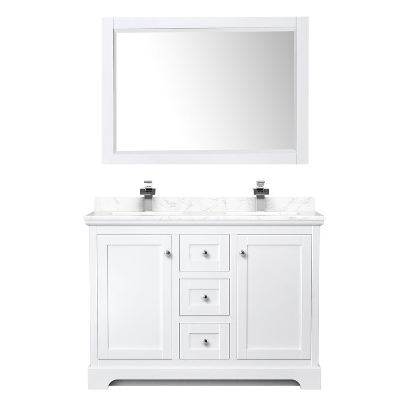 Wyndham Avery 48" Double Bathroom Vanity In White Dark-Vein Carrara Cultured Marble Countertop Undermount Square Sinks and 46" Mirror WCV232348DWHC1UNSM46