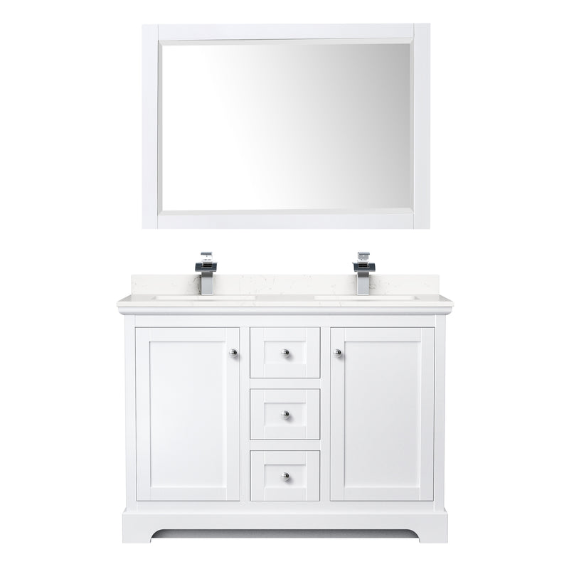 Wyndham Avery 48" Double Bathroom Vanity In White Light-Vein Carrara Cultured Marble Countertop Undermount Square Sinks and 46" Mirror WCV232348DWHC2UNSM46