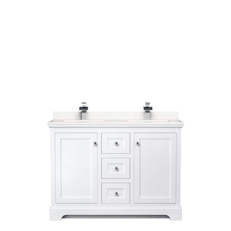 Wyndham Avery 48" Double Bathroom Vanity In White Light-Vein Carrara Cultured Marble Countertop Undermount Square Sinks and No Mirror WCV232348DWHC2UNSMXX