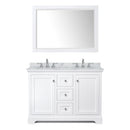 Wyndham Avery 48" Double Bathroom Vanity In White White Carrara Marble Countertop Undermount Oval Sinks and 46" Mirror WCV232348DWHCMUNOM46