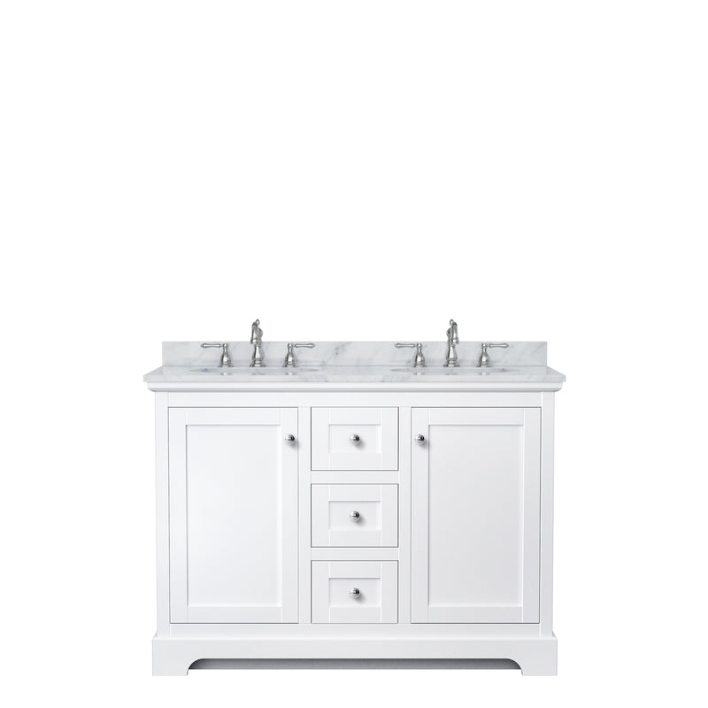 Wyndham Avery 48" Double Bathroom Vanity In White White Carrara Marble Countertop Undermount Oval Sinks and No Mirror WCV232348DWHCMUNOMXX