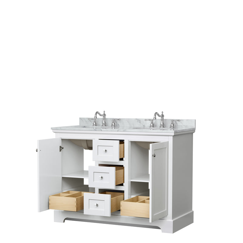 Wyndham Avery 48" Double Bathroom Vanity In White White Carrara Marble Countertop Undermount Oval Sinks and No Mirror WCV232348DWHCMUNOMXX