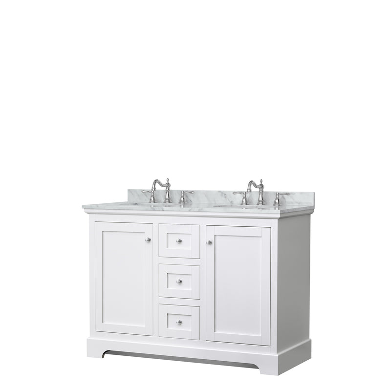 Wyndham Avery 48" Double Bathroom Vanity In White White Carrara Marble Countertop Undermount Oval Sinks And No Mirror WCV232348DWHCMUNOMXX