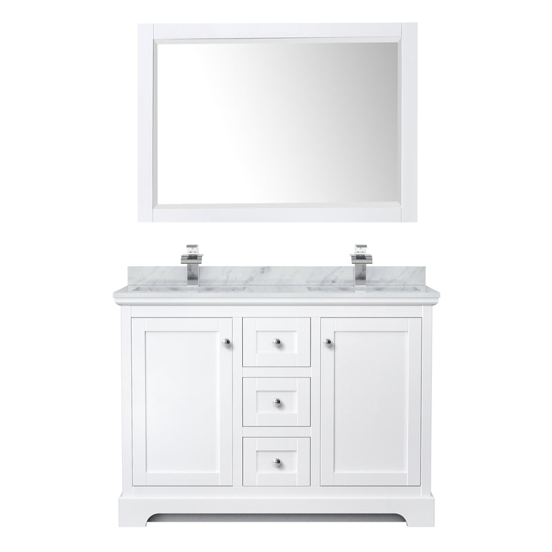 Wyndham Avery 48" Double Bathroom Vanity In White White Carrara Marble Countertop Undermount Square Sinks and 46" Mirror WCV232348DWHCMUNSM46