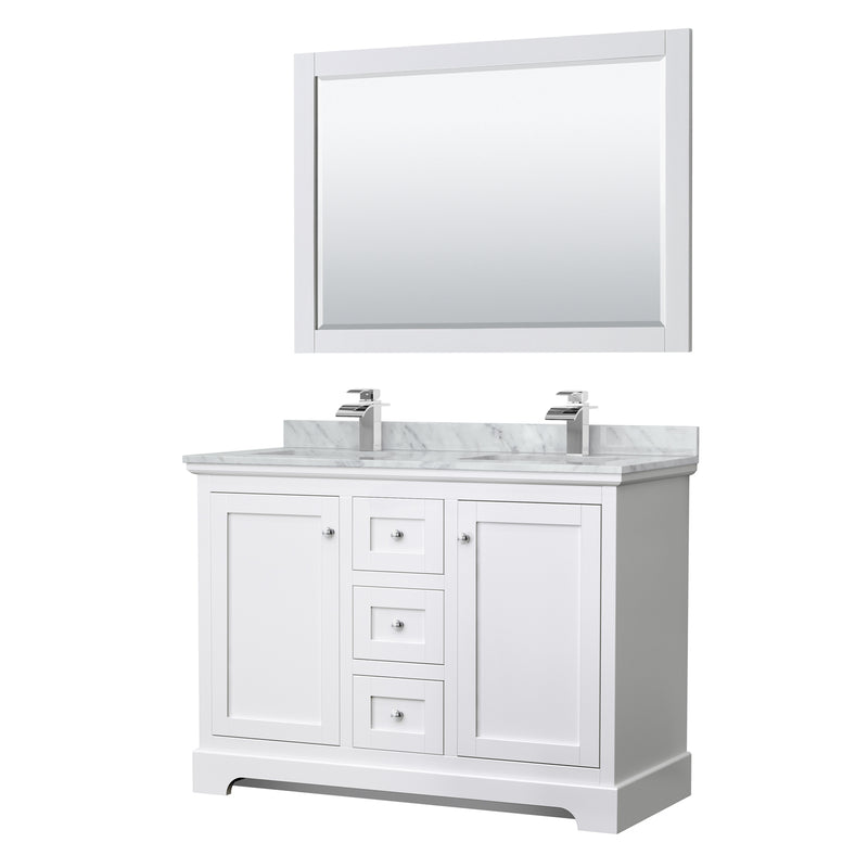 Wyndham Avery 48" Double Bathroom Vanity In White White Carrara Marble Countertop Undermount Square Sinks And 46" Mirror WCV232348DWHCMUNSM46