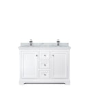 Wyndham Avery 48" Double Bathroom Vanity In White White Carrara Marble Countertop Undermount Square Sinks and No Mirror WCV232348DWHCMUNSMXX