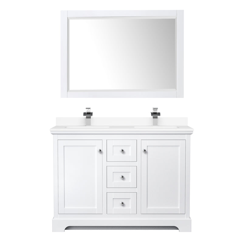 Wyndham Avery 48" Double Bathroom Vanity In White White Cultured Marble Countertop Undermount Square Sinks and 46" Mirror WCV232348DWHWCUNSM46