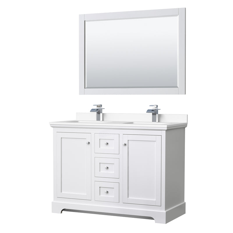 Wyndham Avery 48" Double Bathroom Vanity In White White Cultured Marble Countertop Undermount Square Sinks And 46" Mirror WCV232348DWHWCUNSM46