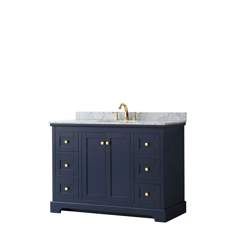 Wyndham Avery 48" Single Bathroom Vanity In Dark Blue White Carrara Marble Countertop Undermount Oval Sink And No Mirror WCV232348SBLCMUNOMXX