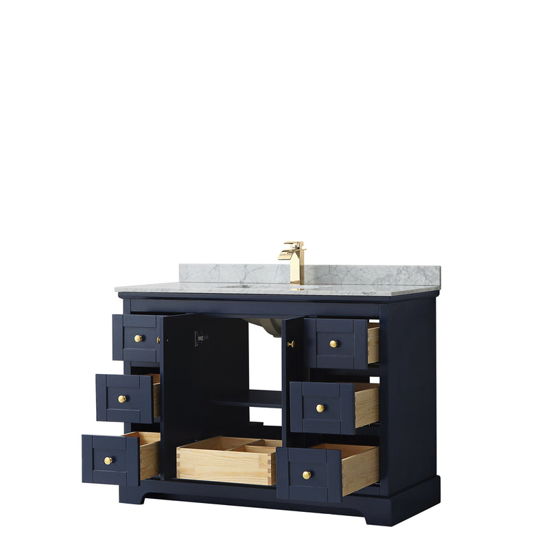 Wyndham Avery 48" Single Bathroom Vanity In Dark Blue White Carrara Marble Countertop Undermount Square Sink and No Mirror WCV232348SBLCMUNSMXX