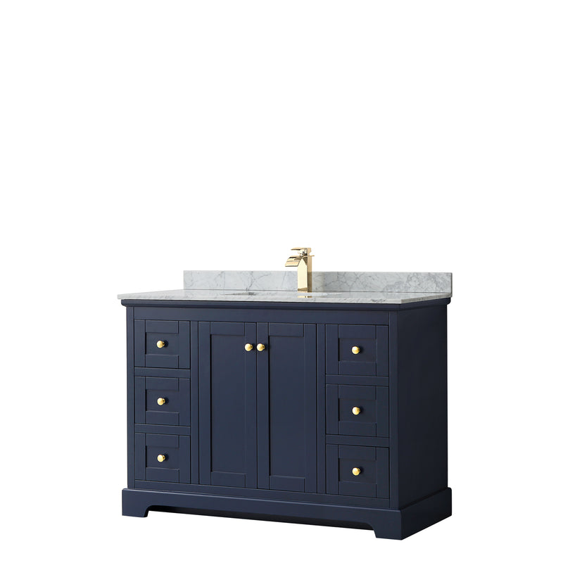 Wyndham Avery 48" Single Bathroom Vanity In Dark Blue White Carrara Marble Countertop Undermount Square Sink And No Mirror WCV232348SBLCMUNSMXX