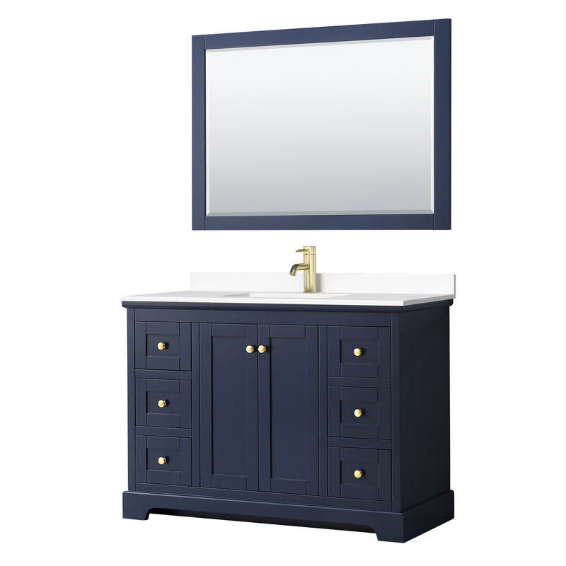 Wyndham Avery 48" Single Bathroom Vanity In Dark Blue White Cultured Marble Countertop Undermount Square Sink And 46" Mirror WCV232348SBLWCUNSM46