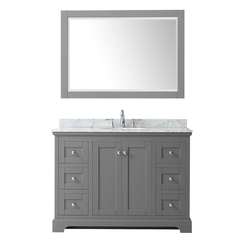 Wyndham Avery 48" Single Bathroom Vanity In Dark Gray White Carrara Marble Countertop Undermount Oval Sink and 46" Mirror WCV232348SKGCMUNOM46