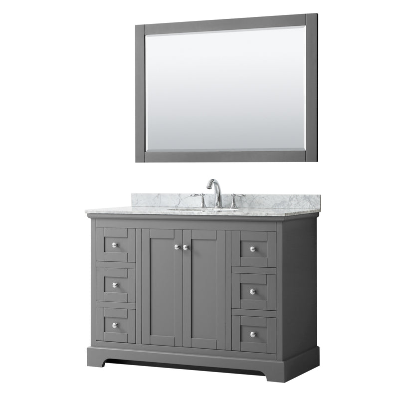 Wyndham Avery 48" Single Bathroom Vanity In Dark Gray White Carrara Marble Countertop Undermount Oval Sink And 46" Mirror WCV232348SKGCMUNOM46