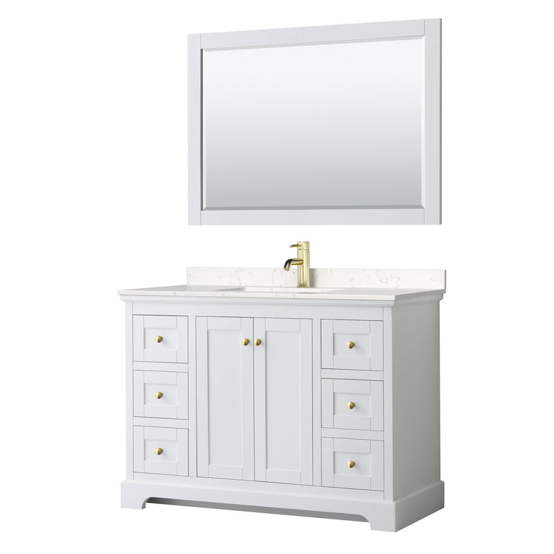 Wyndham Avery 48" Single Bathroom Vanity In White Light-Vein Carrara Cultured Marble Countertop Undermount Square Sink Brushed Gold Trims And 46" Mirror WCV232348SWGC2UNSM46