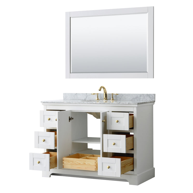 Wyndham Avery 48" Single Bathroom Vanity In White White Carrara Marble Countertop Undermount Oval Sink Brushed Gold Trims and 46" Mirror WCV232348SWGCMUNOM46