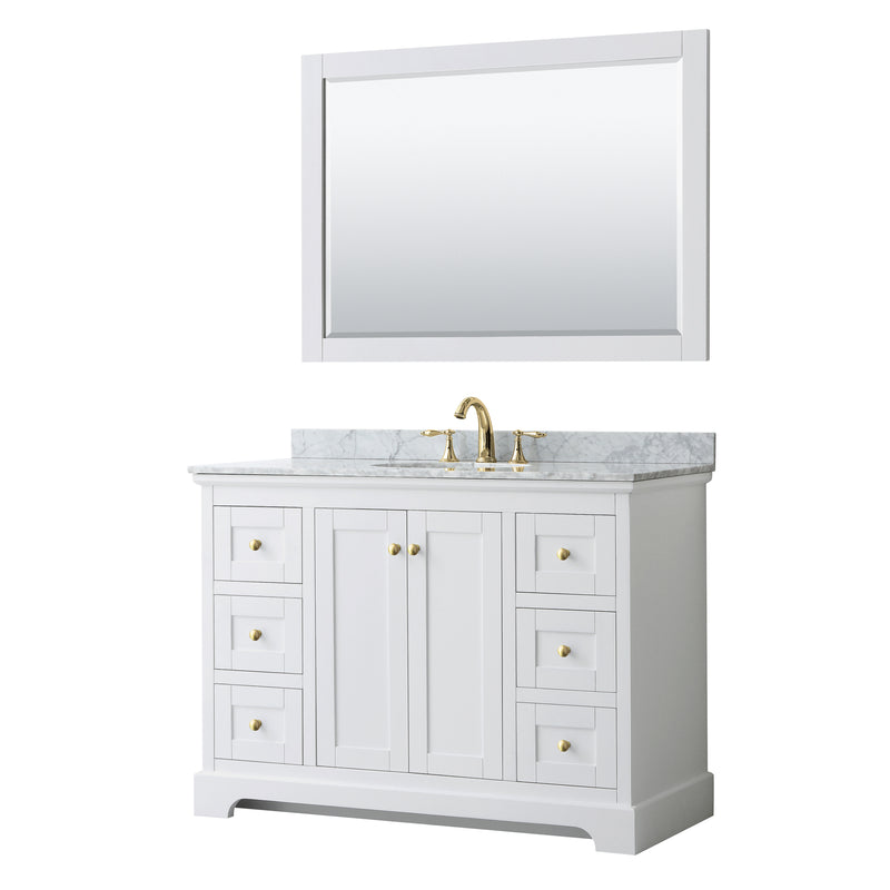 Wyndham Avery 48" Single Bathroom Vanity In White White Carrara Marble Countertop Undermount Oval Sink Brushed Gold Trims And 46" Mirror WCV232348SWGCMUNOM46