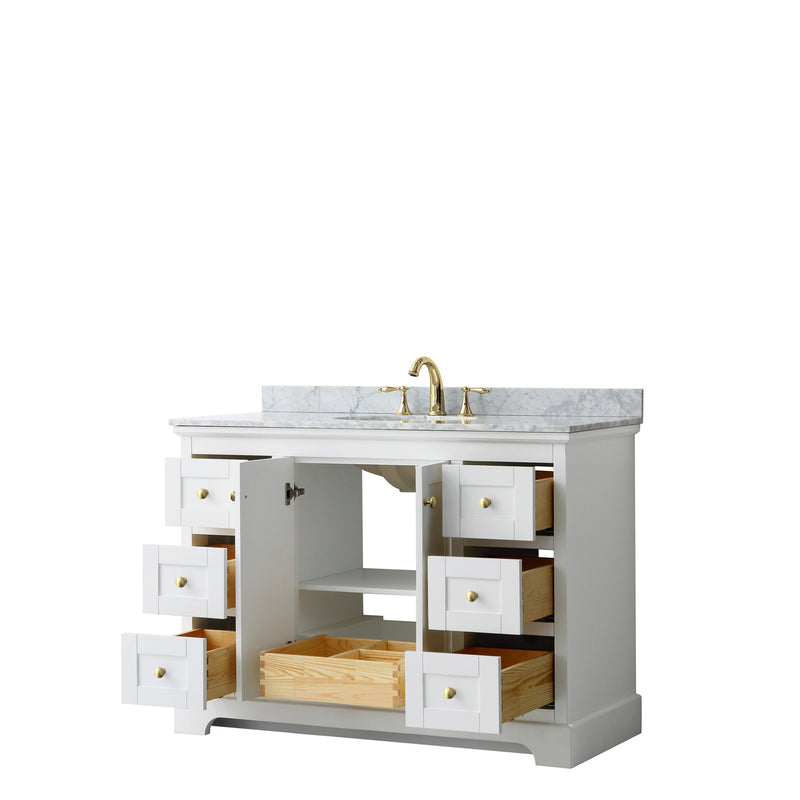 Wyndham Avery 48" Single Bathroom Vanity In White White Carrara Marble Countertop Undermount Oval Sink Brushed Gold Trims and No Mirror WCV232348SWGCMUNOMXX