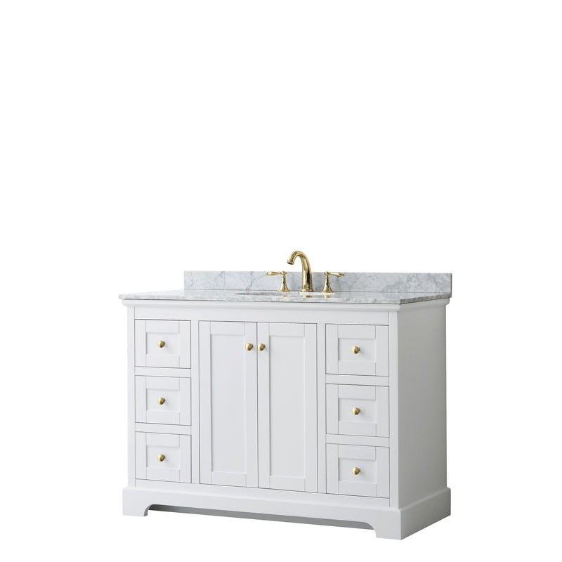 Wyndham Avery 48" Single Bathroom Vanity In White White Carrara Marble Countertop Undermount Oval Sink Brushed Gold Trims And No Mirror WCV232348SWGCMUNOMXX