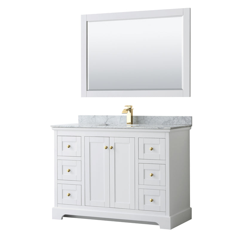 Wyndham Avery 48" Single Bathroom Vanity In White White Carrara Marble Countertop Undermount Square Sink Brushed Gold Trims And 46" Mirror WCV232348SWGCMUNSM46