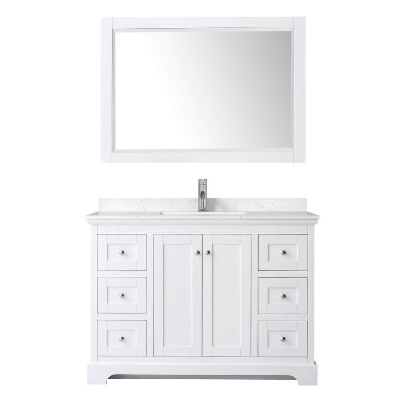 Wyndham Avery 48" Single Bathroom Vanity In White Light-Vein Carrara Cultured Marble Countertop Undermount Square Sink and 46" Mirror WCV232348SWHC2UNSM46