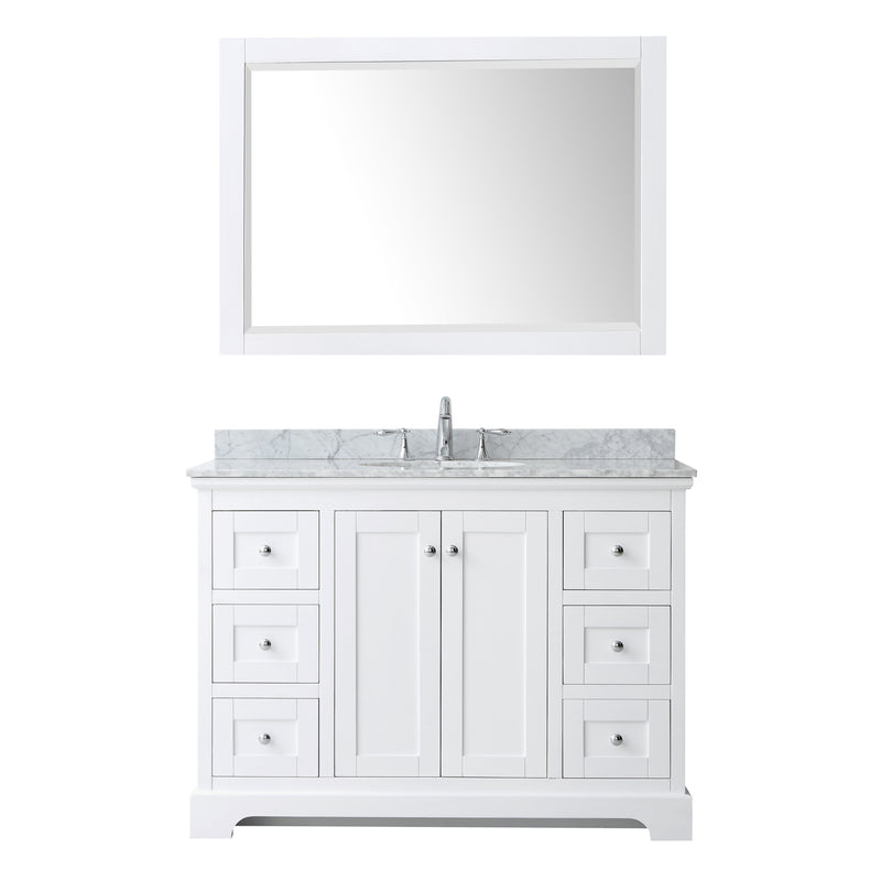 Wyndham Avery 48" Single Bathroom Vanity In White White Carrara Marble Countertop Undermount Oval Sink and 46" Mirror WCV232348SWHCMUNOM46