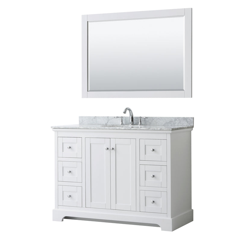 Wyndham Avery 48" Single Bathroom Vanity In White White Carrara Marble Countertop Undermount Oval Sink And 46" Mirror WCV232348SWHCMUNOM46