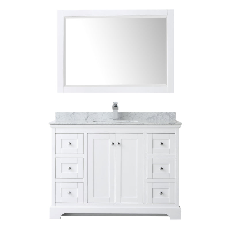 Wyndham Avery 48" Single Bathroom Vanity In White White Carrara Marble Countertop Undermount Square Sink and 46" Mirror WCV232348SWHCMUNSM46